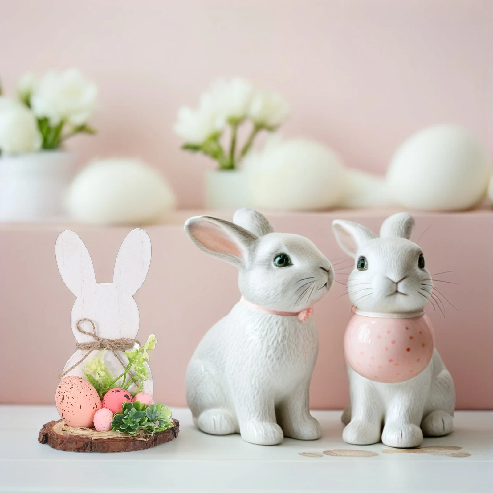 

Farmhouse Easter Bunny Wooden Sign Tabletop Centerpiece Rabbit with Eggs Flowers Spring Home Dining Bedroom Decoration 7.3x4.5