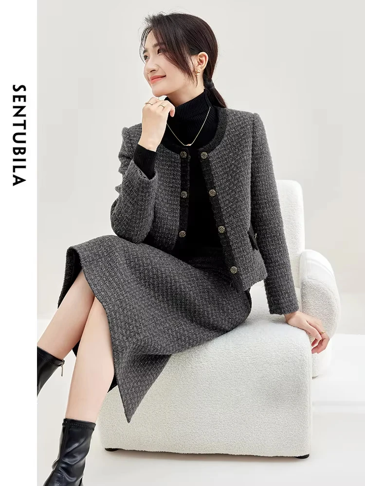 SENTUBILA Vintage Skirt Set Women Outfits 2024 Hight Quality Wool Blend Jacket Lady High Waist Midi Skirt 2 Piece Sets 134Z50818