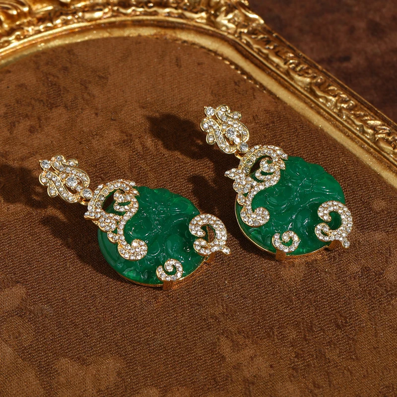 

Vintage Green Earrings Drop Big Glaze Droplet Gold Color Auspicious Cloud Jewelry Luxury Women Tradition Retro Banquet Charm New