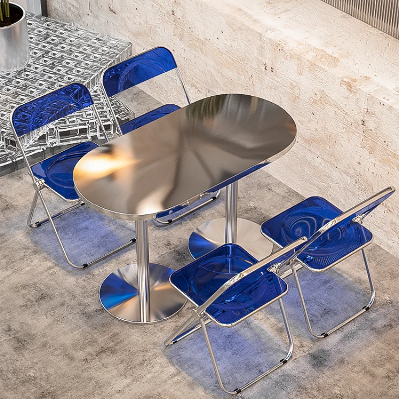 

Milk tea shop dessert shop stainless steel oval table cafe western dining table and chair combination