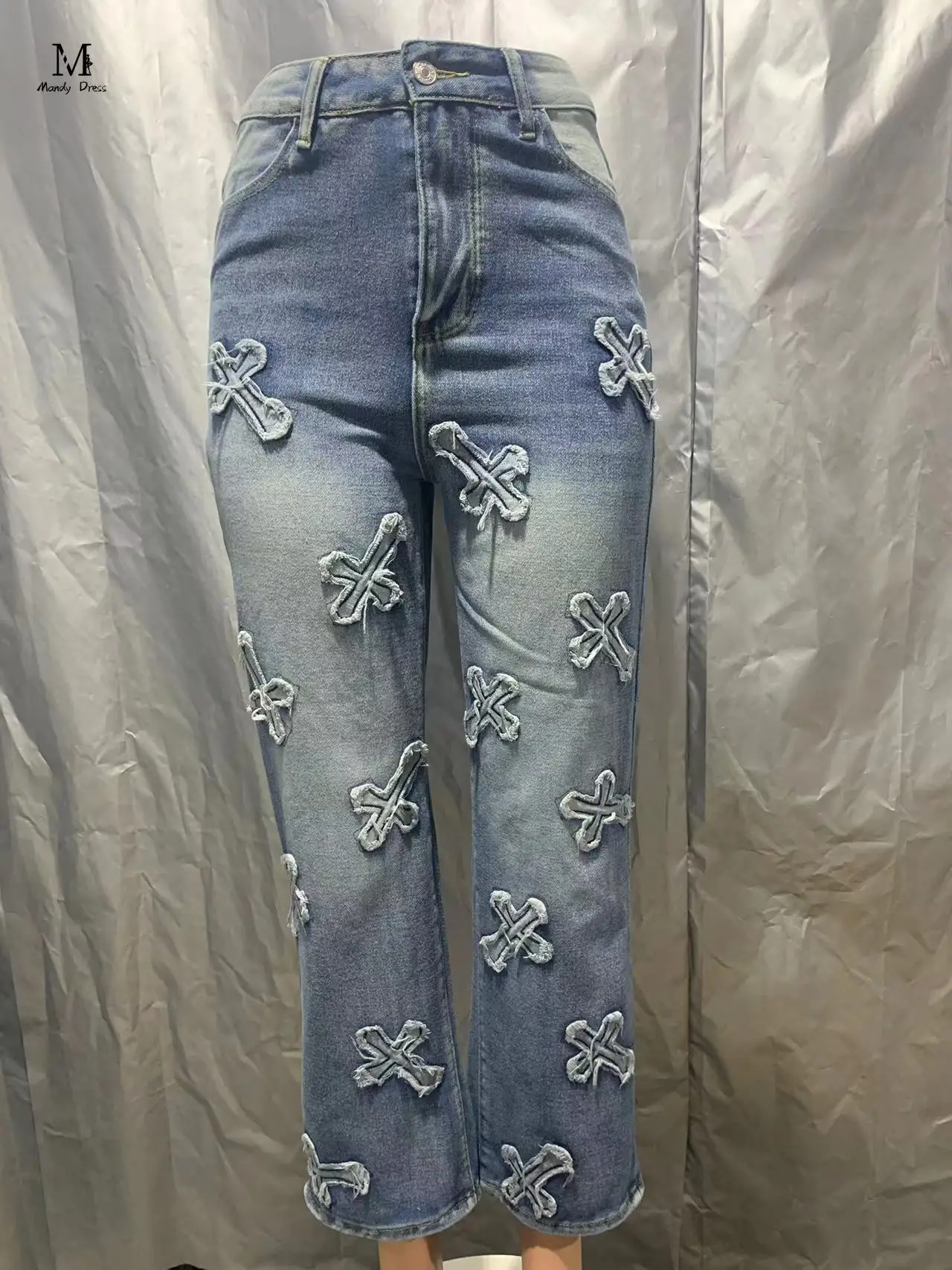 Imagem -05 - Jeans Feminino de Algodão de Cintura Alta Jeans Lavado Vintage Calça Borlas Cruzadas Streetwear Y2k Calças de Perna Reta Moda 2024