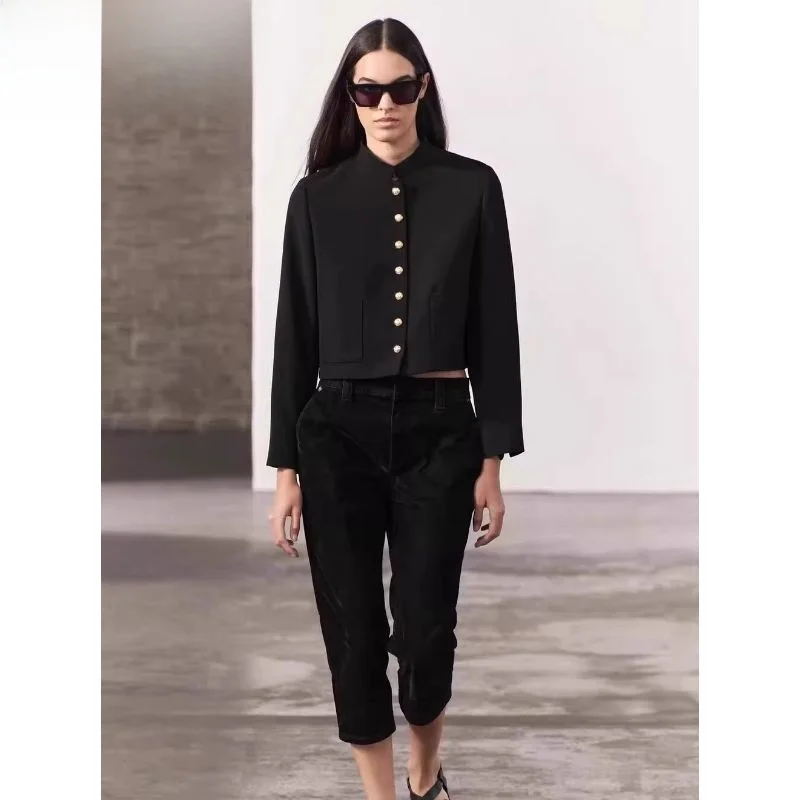 

Spring 2024 New Women's Bla Stand Collar ort Jaet Button Decorated Loose Fit Regular Length Versatile Sle Outerwear