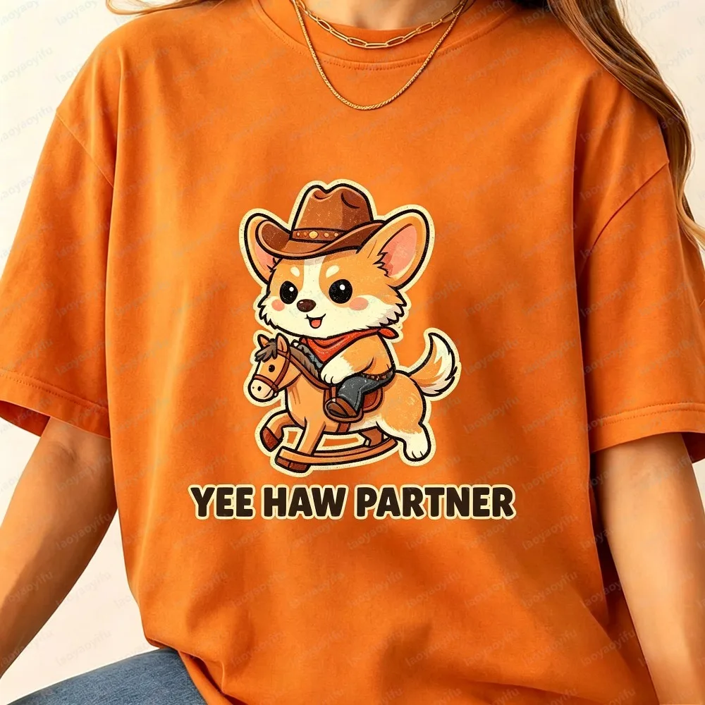 Short Sleeve Women's T-Shirt Summer Fashion Adorable Cowboy Puppy Print Breathable Casual Trendy Daily Wear Unisex Style Tops