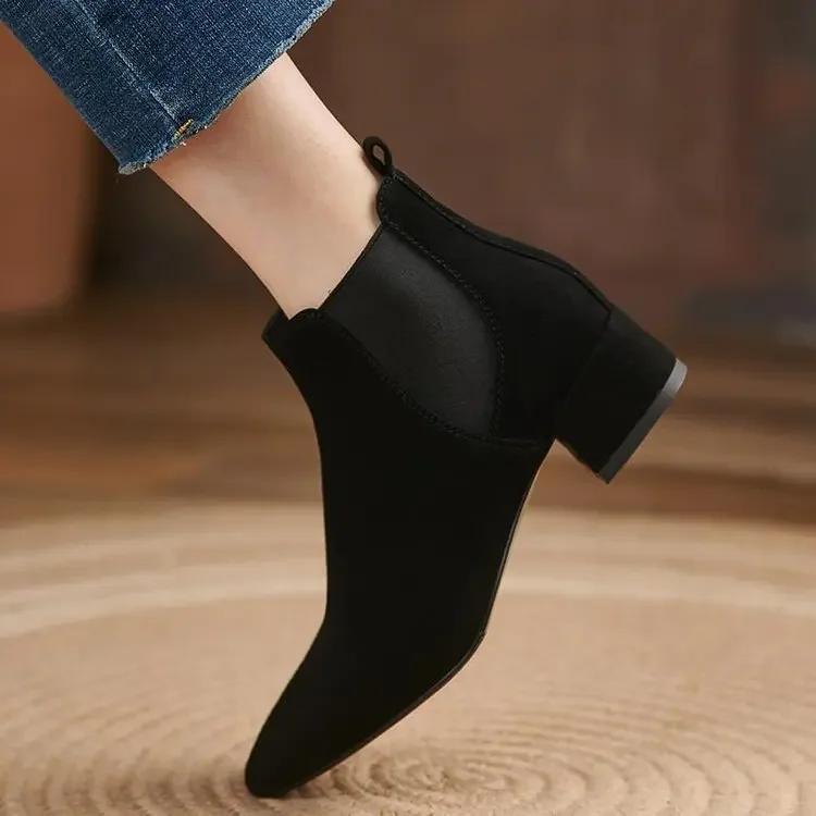 Retro Faux Suede Chelsea Women\'s Boots Pointy Toe Square Block High Heel Short Ankle Boot Woman Dress Office Shoes Size