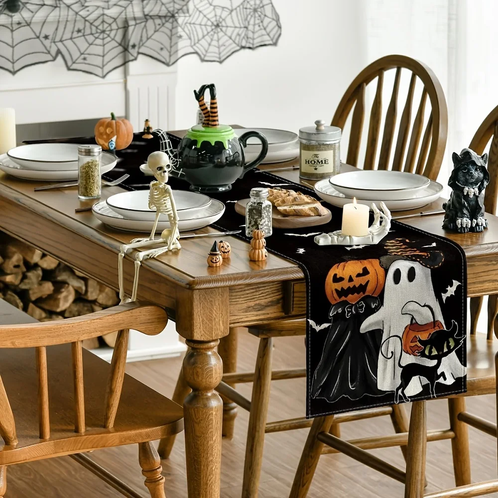 Black Spooky Jack-O'-Lantern Pumpkin Halloween Table Runner Kitchen Dining Table Decor Dresser Scarves for Home Party Decoration