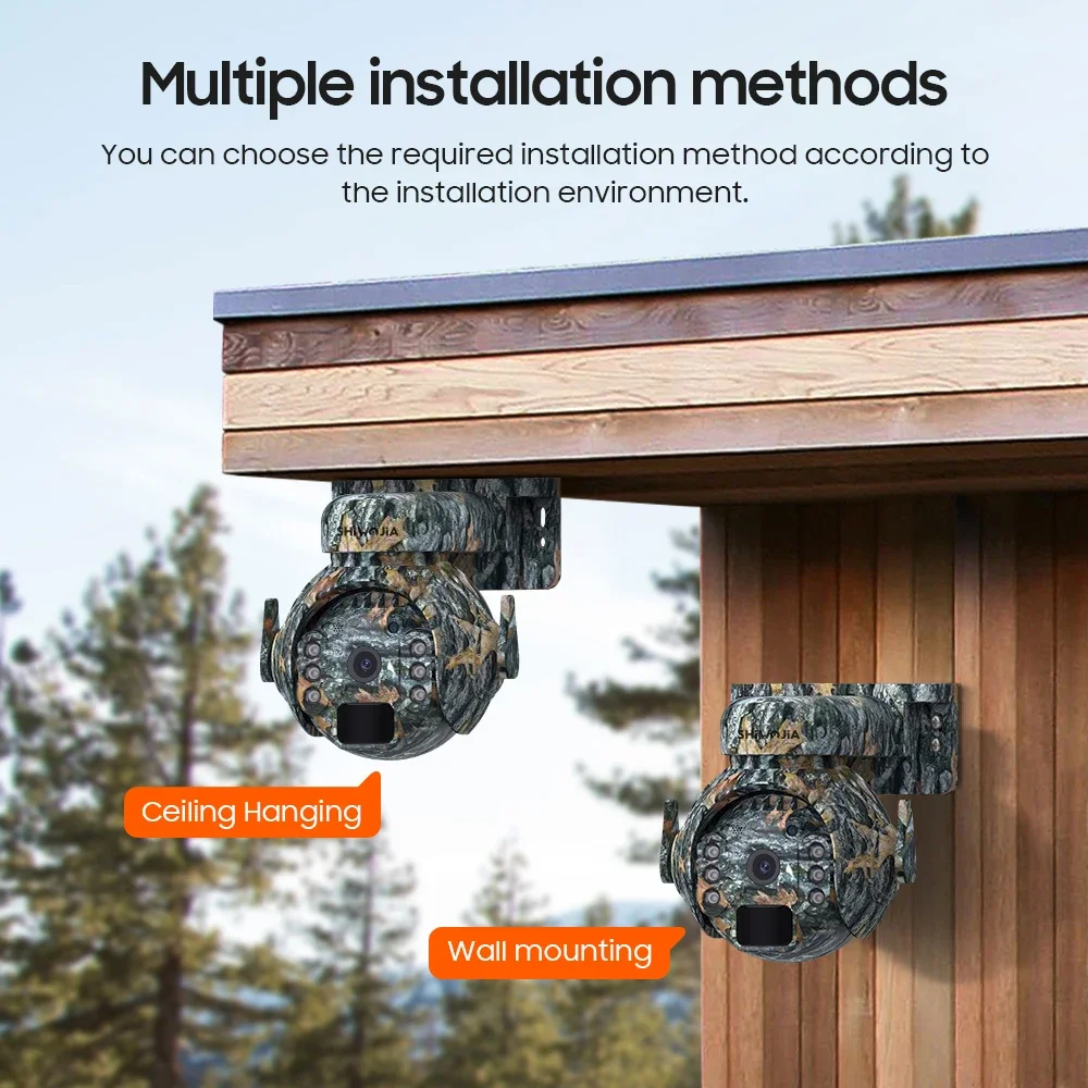 SHIWOJIA 4K 8MP 12X Zoom 4G Solar Security Cameras Wireless Outdoor 360° View Animal Monitoring Camouflage Color Battery PTZ Cam