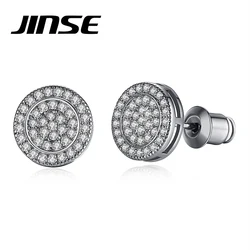 JINSE Punk Blue Cubic Zirconia Men's Stud Earrings Round Geometric Multicolor Charm CZ Stone Iced Earrings Hip Hop Jewelry Gift