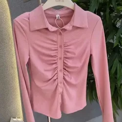 2023 Spring and Autumn Women's Polo Button Folds Solid Slim Fit Bottom Shirt Fashion Casual Elegant Commuter Long Sleeve Tops