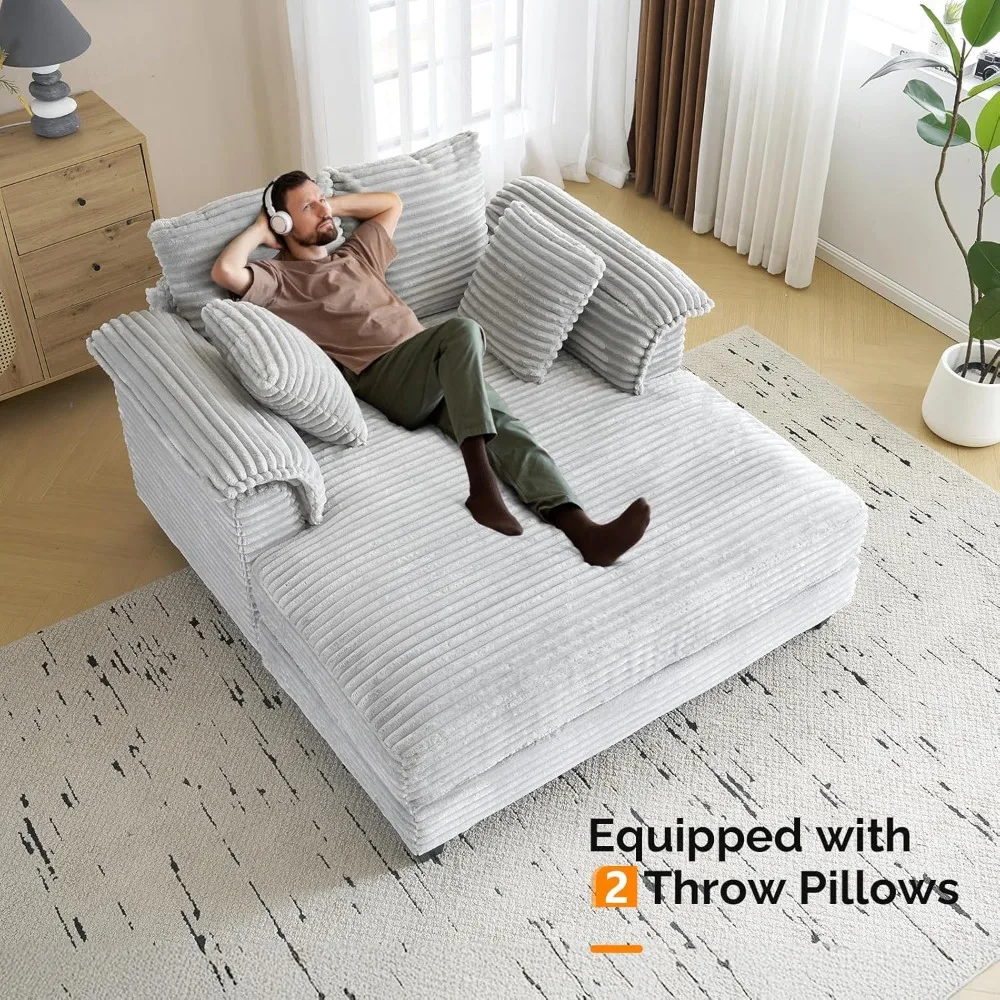 Light Grey Comfy Corduroy Chaise Sofa Recliner Bed Upholstered Sleeper Couch Bed with Throw