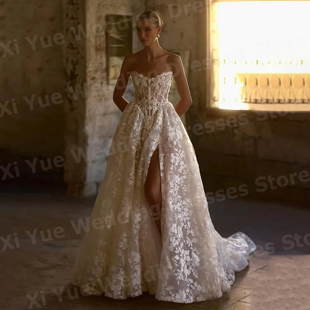 Robes De Mariée en dentelle pour femmes, ligne A exquise, avec des Appliques, sans manches, fente personnalisée