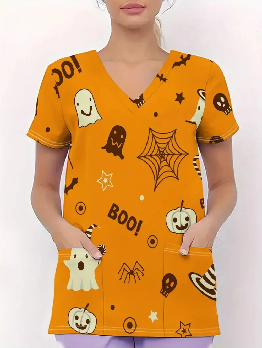 

Медицинская форма, женская униформа с рисунком тыквы на Хэллоуин, модная медицинская форма с v-образным вырезом и короткими рукавами, повседневная униформа медсестры для стоматолога, женская униформа