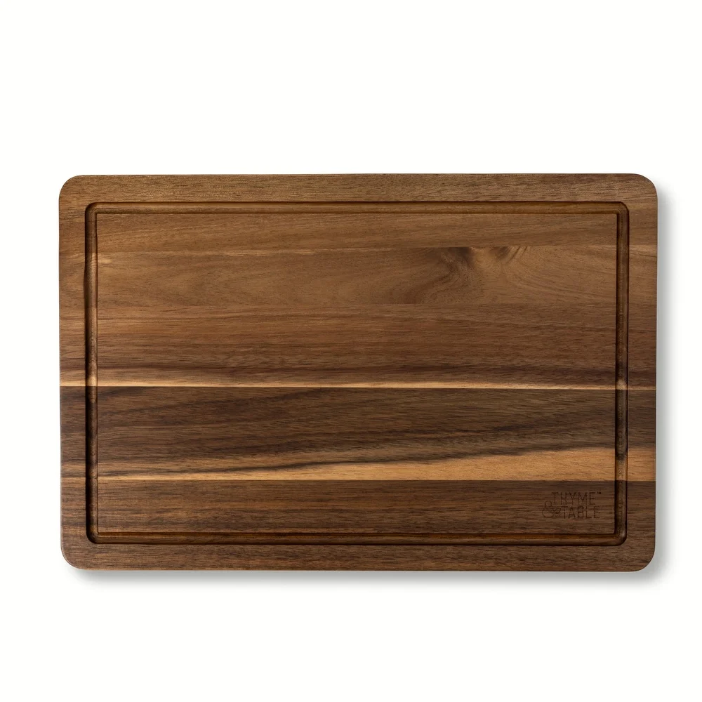 เขียงไม้อะคาเซียขนาดใหญ่พร้อมน้ําผลไม้ดีลื่นฟุตใบมีดพื้นผิว KITCHEN Prep 12x18 นิ้ว