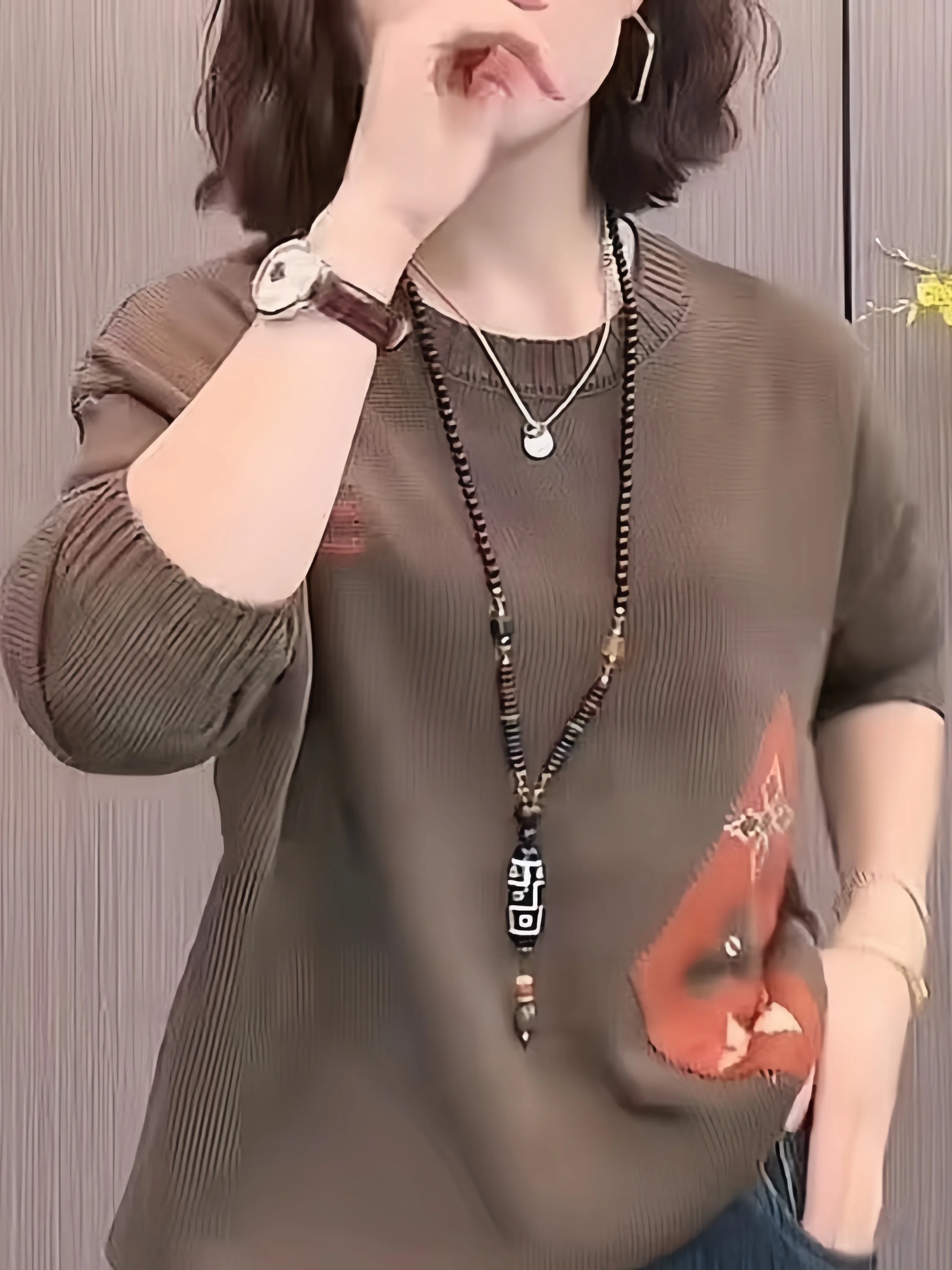 Autumn Winter Women's Loose Fit Long Sve round Ne Knitted Sweater Faionable Splice Base Layer Slimming Top