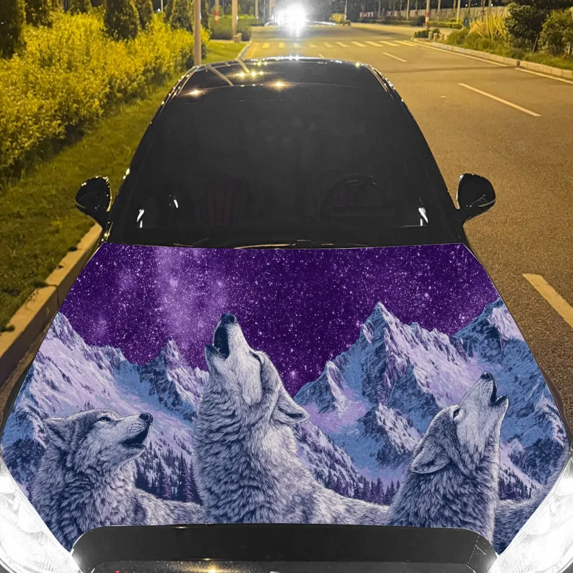 Autocollants de voiture loups en paysage de montagne violet, fond texturé et artistique, détails visuels fascinants, autocollant pour capot de voiture, imperméable