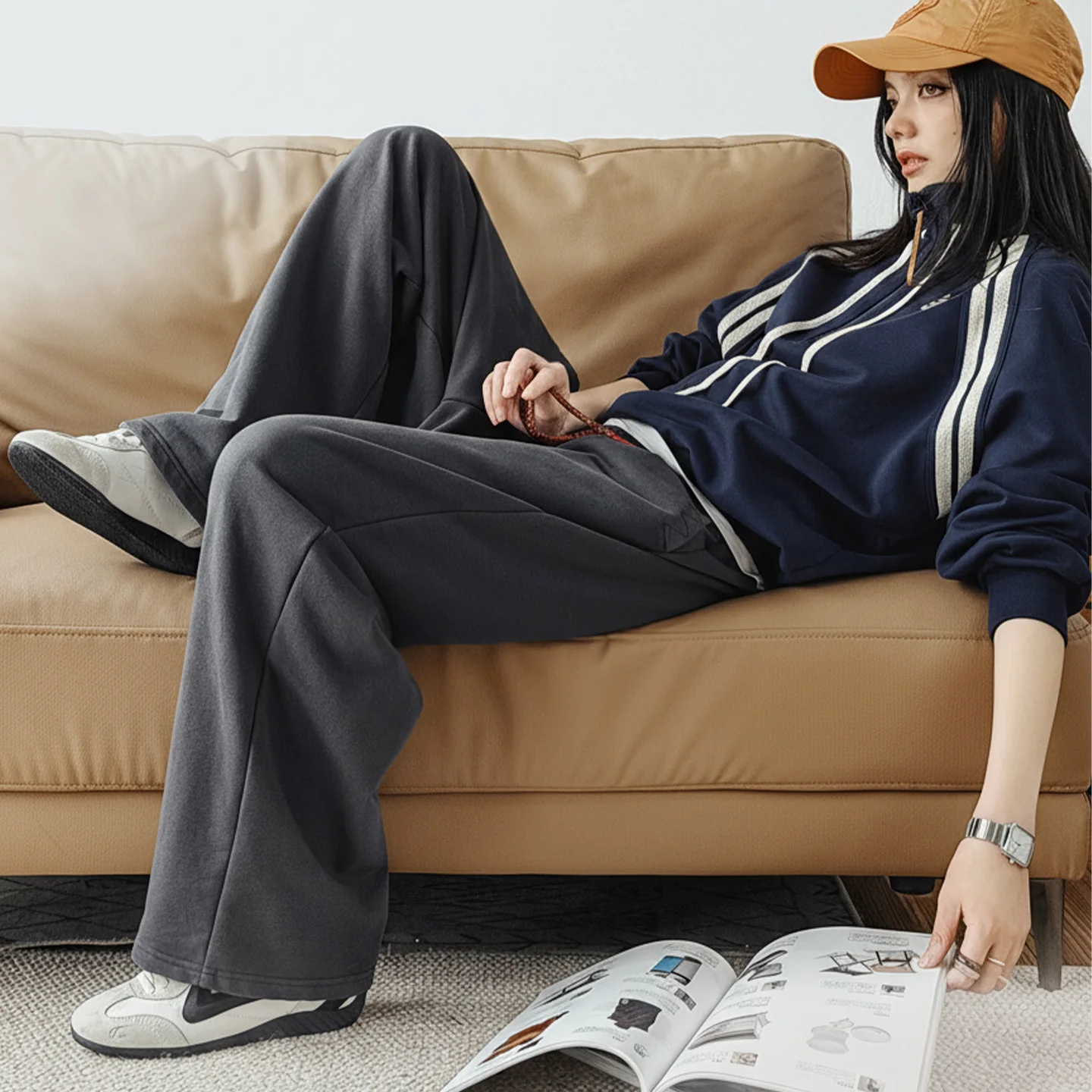 Maden Calça de moletom casual feminina primavera solta calças de perna reta cintura elástica cordão baggy fit cinza escuro