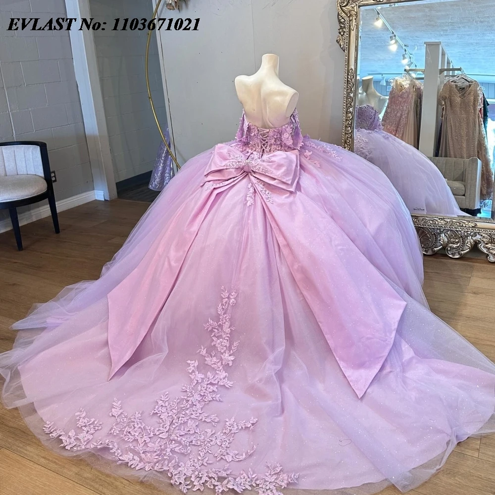 EVLAST Maßgeschneidertes lila Quinnceanera-Kleid, Ballkleid, glänzende Spitze, Perlenstickerei, Schleife, Korsett, Sweet 16, Vestidos de 15 Anos SQ665