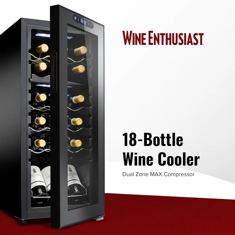 Enfriador de vino con compresor MAX de doble zona para 18 botellas, refrigerador independiente con almacenamiento y temperatura divididos