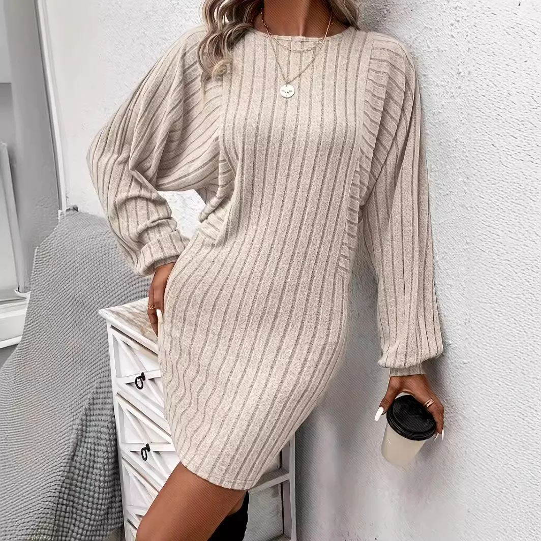 Knitted Dress Women Mini Dresses Knitting A Line Autumn Winter Office Lady 2025 Round Collar Knitwear Above Knee Vestidos