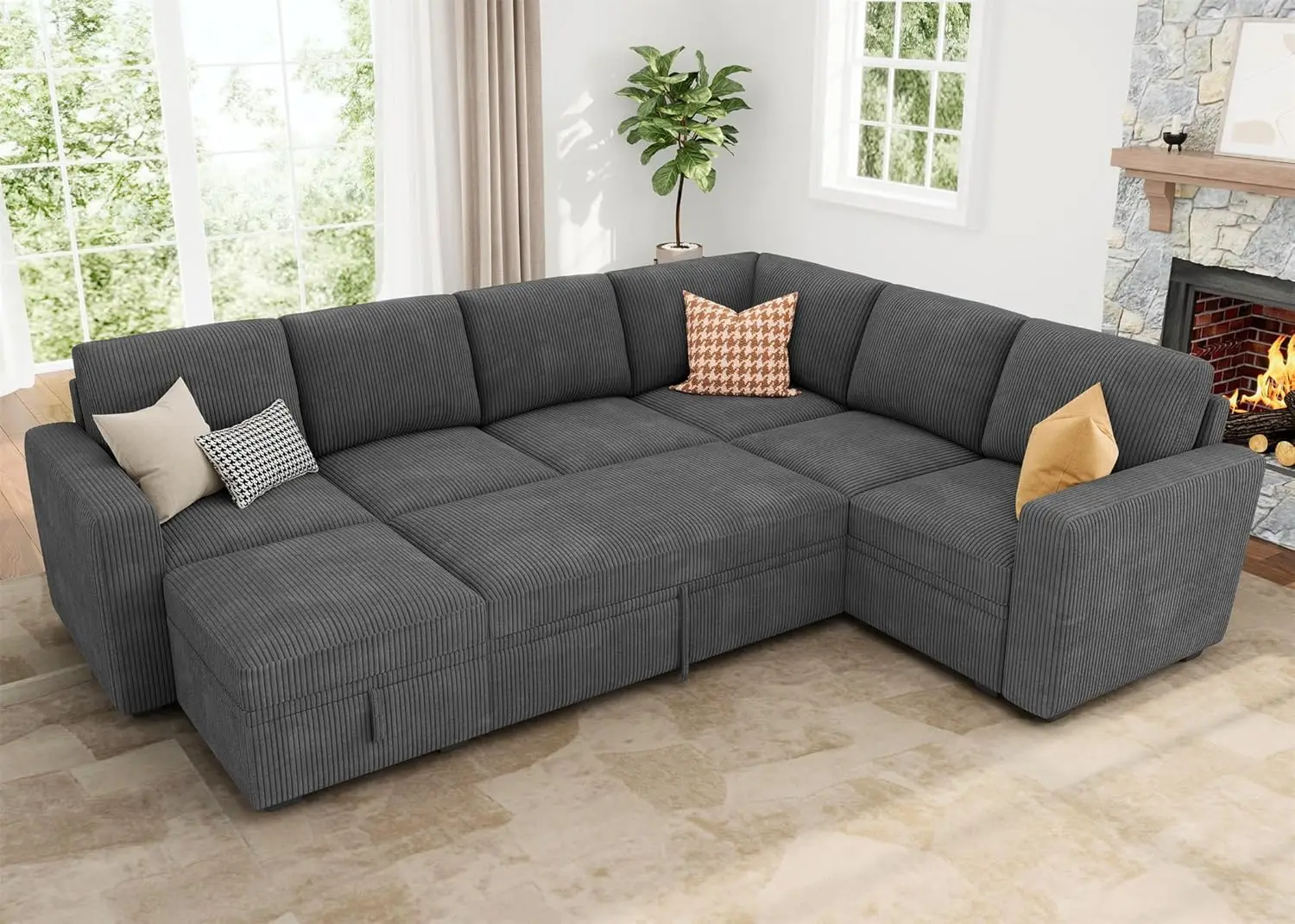 

Sectional Couch with Pull Out Bed, Corduroy Sleeper Sofa with Storage Seats Ottoman, U Shaped Sectional Couches for Living Room