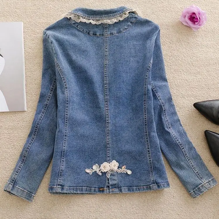 جديد وصول المرأة الدنيم سترة 2025 الربيع عادية الدانتيل المطرزة الجينز معاطف الوقوف طوق سليم صالح ملابس خارجية الخريف عادية