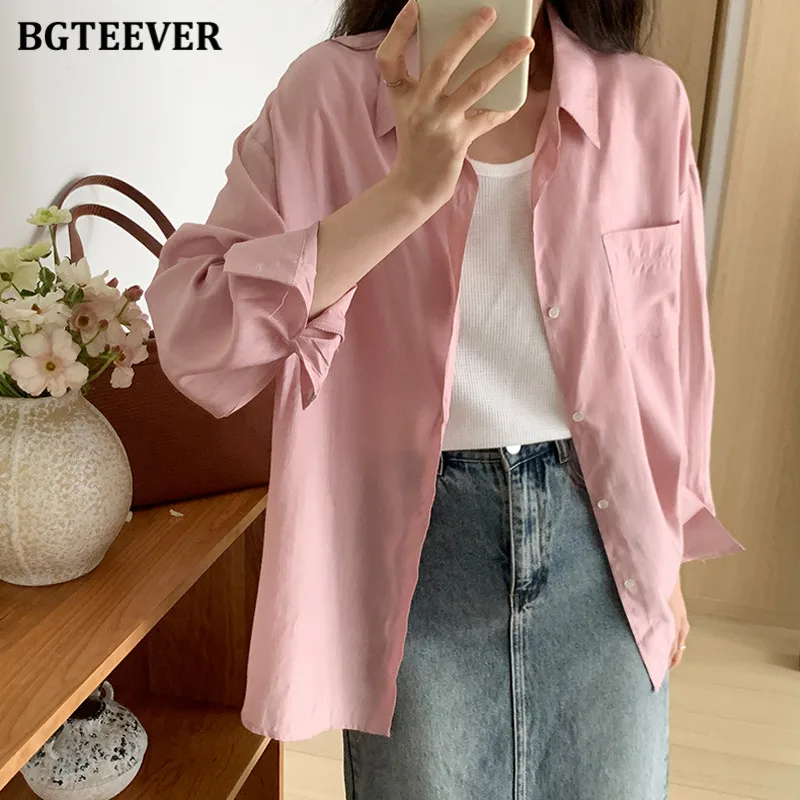 BGTEEVER Casual Full Sleeve Loose Women Blouses Tops Summer Turn-down Collar Pocket Ladies Cotton Shirts Basic