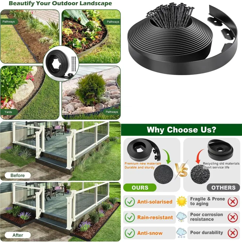 

100FT Black Plastic Garden Edging, 4 Tall with 120 Spikes for Lawn, Flower Beds, and Landscape Borders