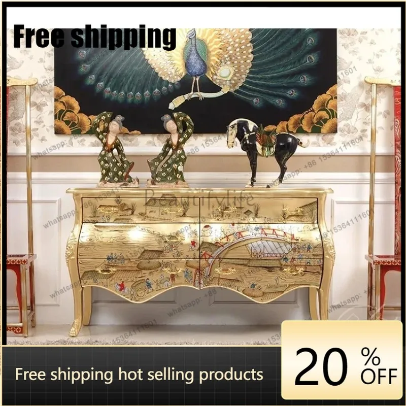 XX Gold Foil Painted Solid Wood Entry Foyer Decorative Furniture Porch Cabinet Display