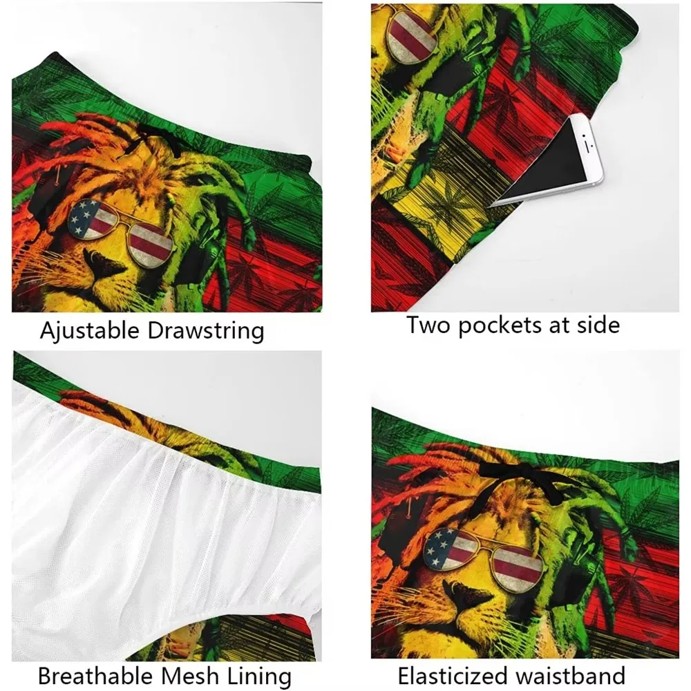 Jamaican Flag Swim Trunks for Men Lion Beach Short Board Short Swimming Trunks with Mesh Lining Men\'s Novelty Swimwear