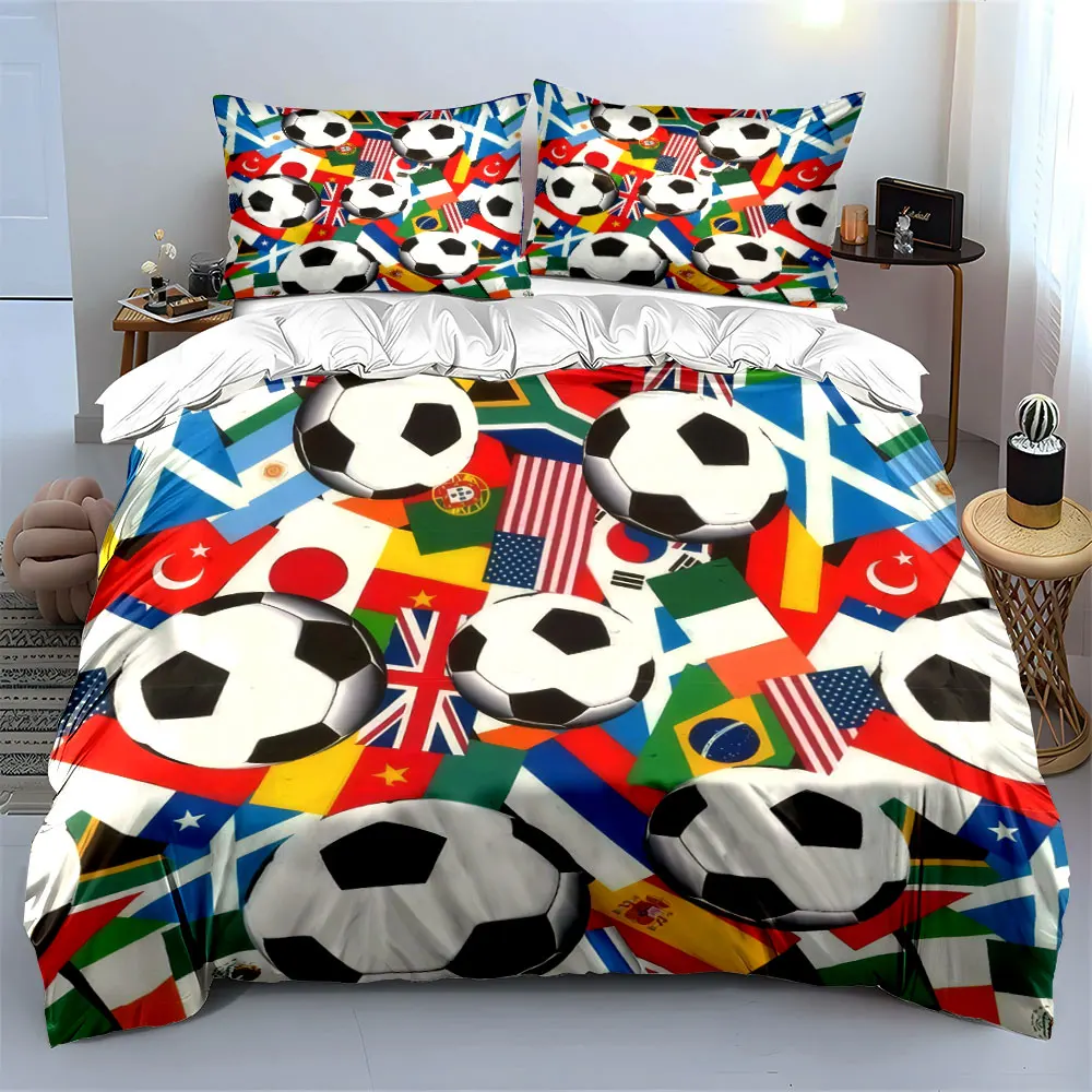 

"Soccer-Themed Flags Three-Piece Set" kid's and adults' bedroom decor, Exquisite three-piece bedding set gift