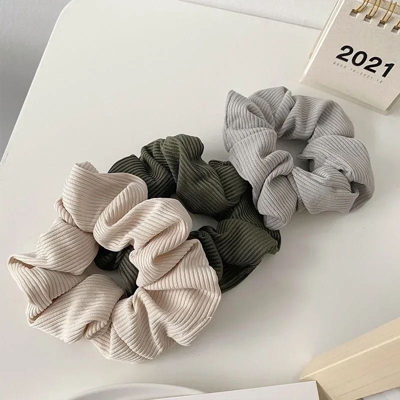 Spring Summer Solid Color Scrunchies Elegant Girls Knitting Cotton Large Hair Ties Ropes Korean Simple White Green Ponytail Gum