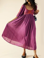 Gypsylady Boho Floral Embroidery Maxi Dress Cotton A-line Summer Half Sleeve Backless Women Vintage Vocation Ladies Ethnic Dress