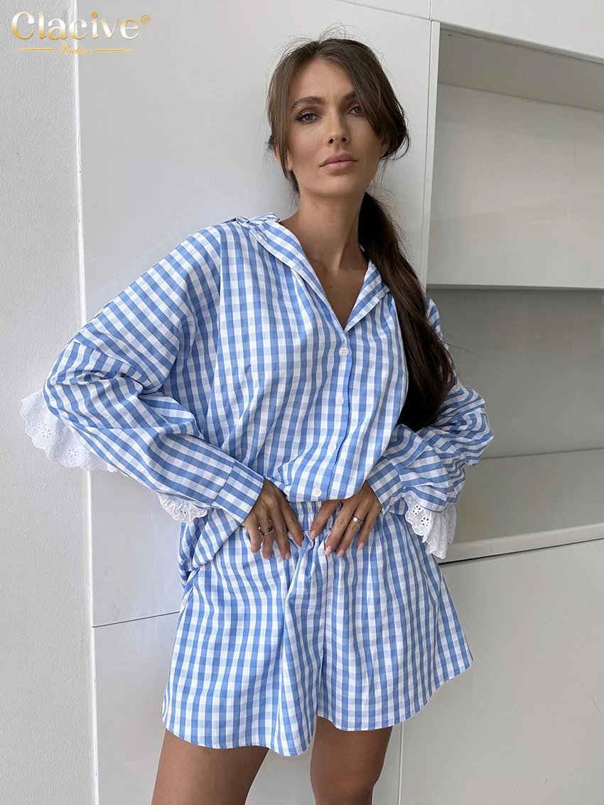 Clacive Fashion Red Plaid 2 Piece Sets Women Outfit 2024 Elegant Long Sleeve Shirt With High Waist Shorts Set Female Streetwear