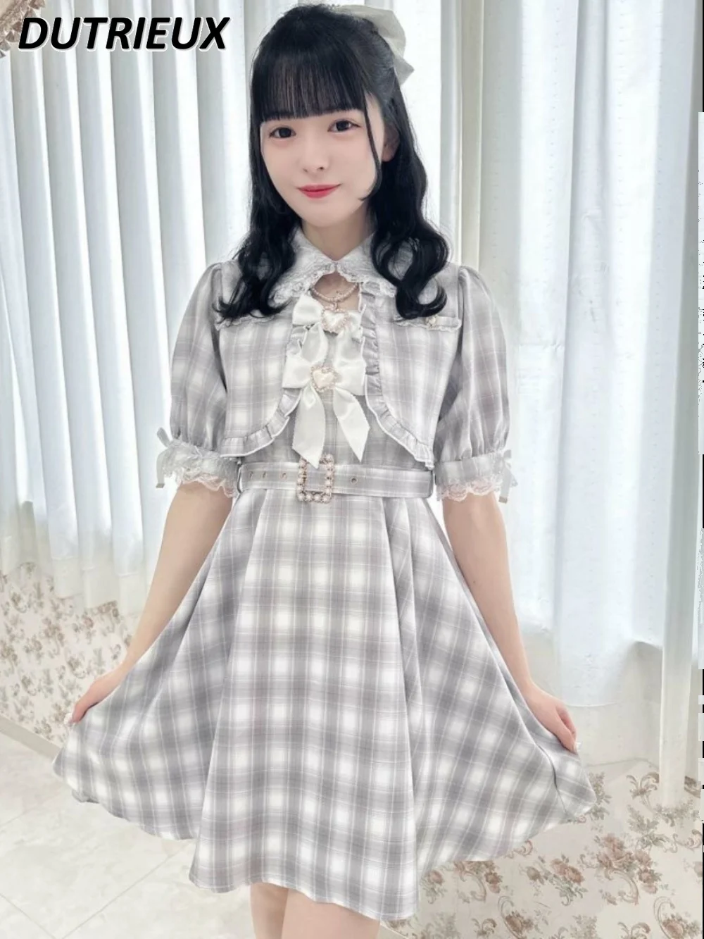 

Rojita Plaid Fresh Tight Waist Doll Collar Double-Layer Hem Design Mid-length Dress Summer Sweet Short Sleeve Slimming Dresses