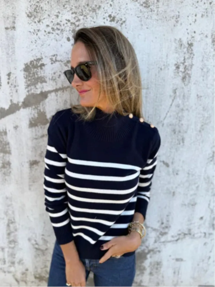Autumn Winter New Knitted Striped Loose Sweater Women's High Collar Overhead Shoulder Button Sweater Female Fashion Pullover
