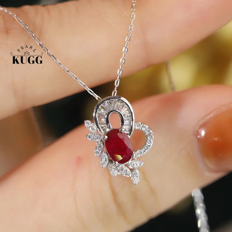 KUGG 100% 18K White Gold Necklace Natural Diamond Natural Ruby Necklace for Women Elegant Butterfly Shape High Wedding Jewelry