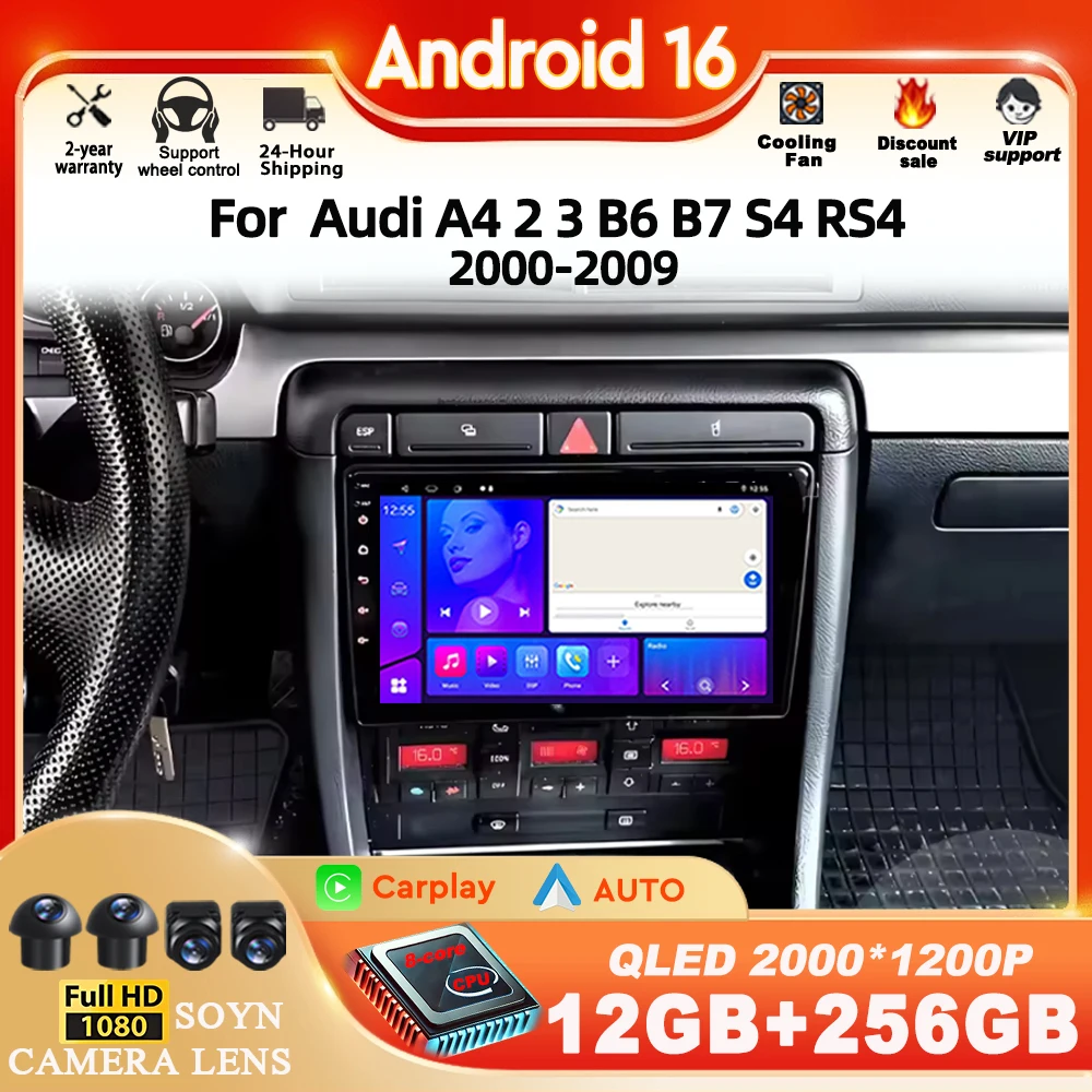 Radio Multimedia Android 16 para Audi A4 2 3 B6 B7 S4 RS4 2000 - 2009, Reproductor GPS, Navegador, Estéreo, 4G, WIFI, CarPlay, Pantalla Táctil 1