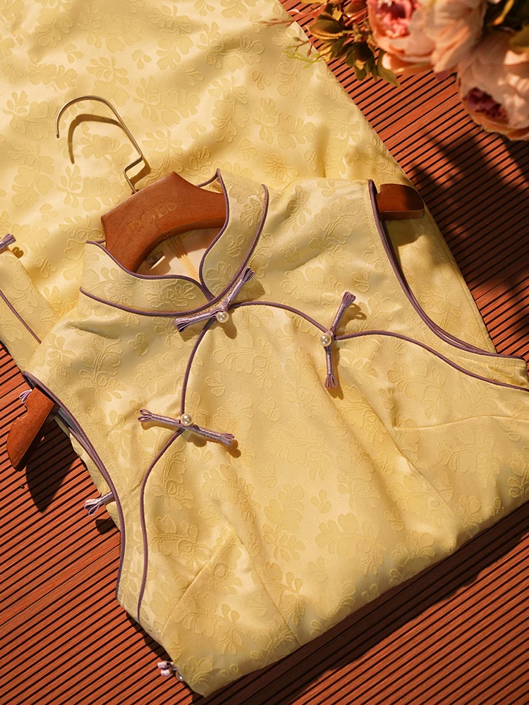 

Новое летнее винтажное длинное платье для молодых женщин, желтое, тонкое, в китайском стиле, с низким разрезом, для повседневной носки