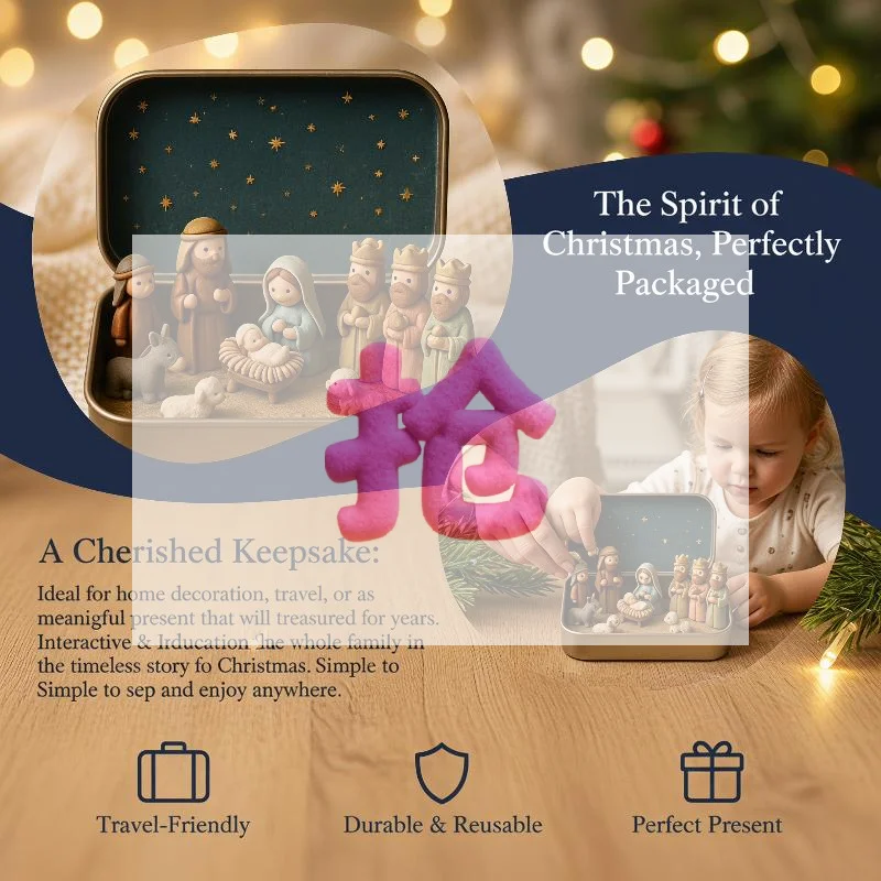 Mini Christmas Nativity Set In Tin Box Cute 3D Printed Figures Manger Set Iron Box For Christmas Home Decoration Holiday Gifts