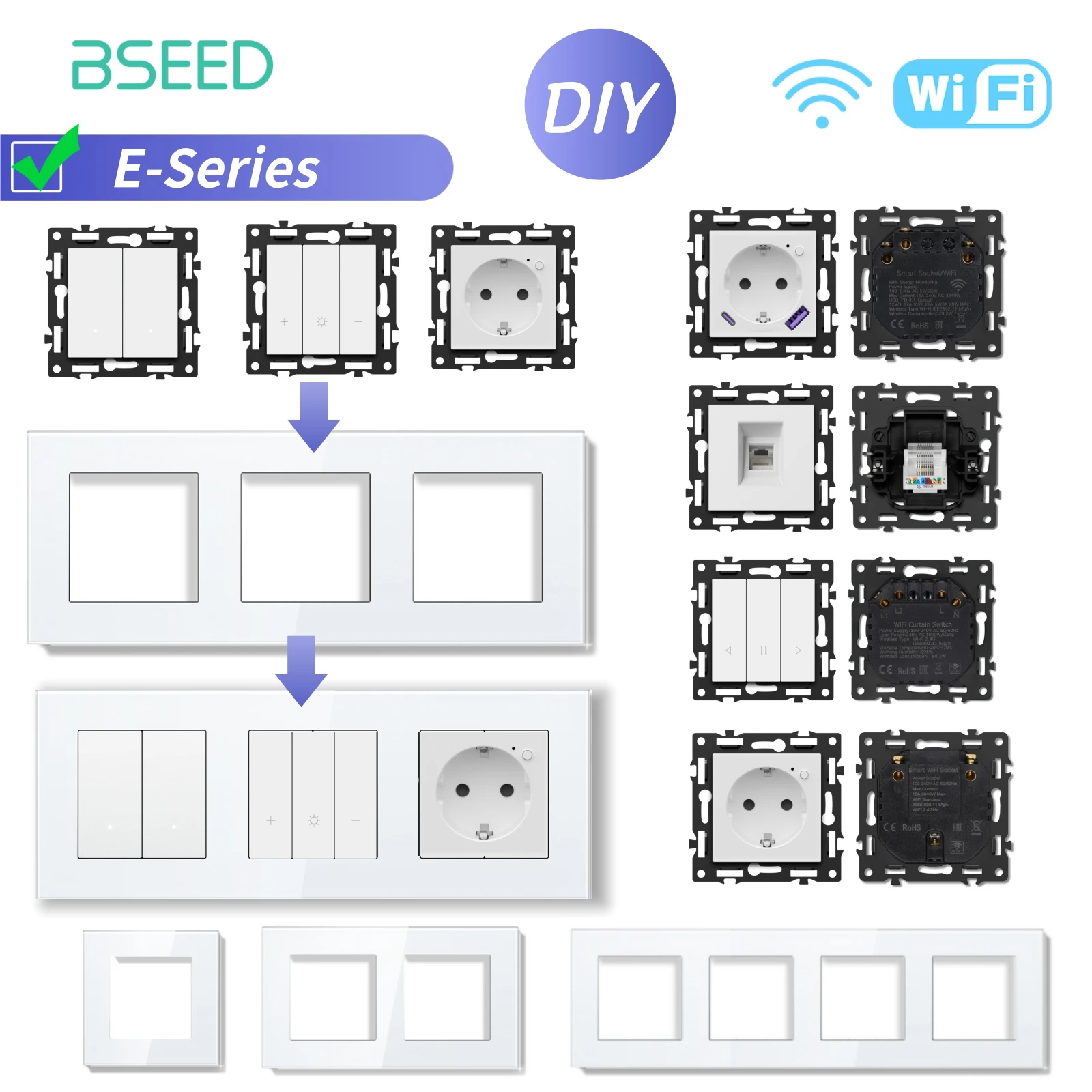 

BSEED WIFI Click Switch Modules Smart Light Switch Parts White Glass Frame DIY Combination Wall Sockets USB Charge Key E-Series