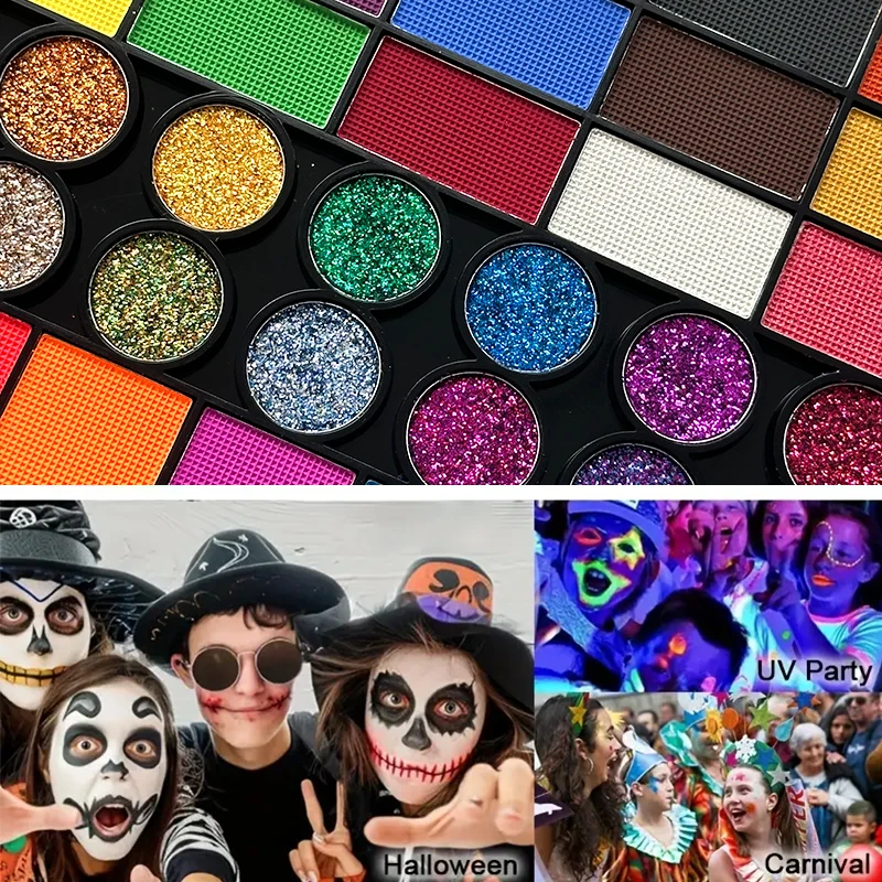 42色フェイスボディペイントパレットセット、UVグロー蛍光ネオンフェイスボディアートペイントグリッターボディペイントメイクアップ、フェスティバル用