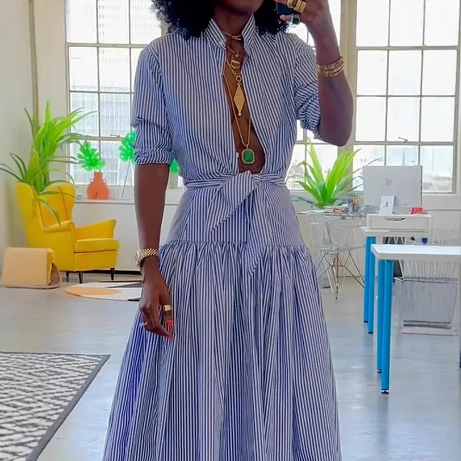 Casual Striped Women Long Dress Fashion Midi Sundress Vacation Outfit 2025 Summer Lapel Single Breasted Short Sleeve Shirt Robes