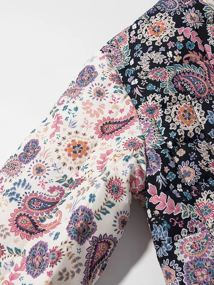 معطف نسائي جديد على الطراز الأوروبي متعدد الاستخدامات ومزاج نحيف مطبوع عليه زهور وأكمام طويلة وياقة واقفة معطف قطني مبطن