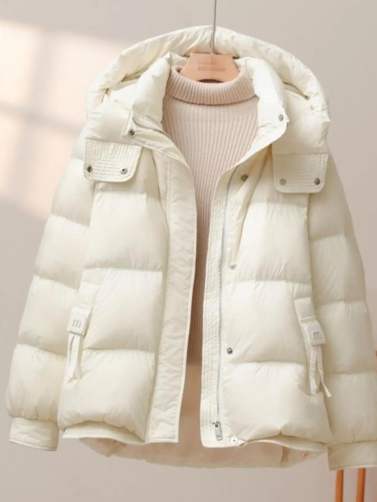 

Korean Style Thickened Hooded down Cotton Jacket Women's Winter High-End Warmth Bread Coat Zipper Pocket Long Sleeve Color