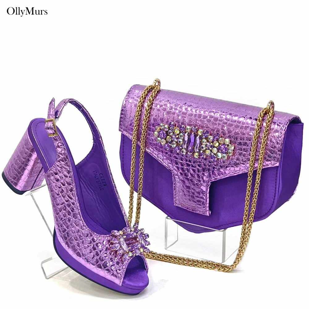 

Классические элегантные сандалии фиолетового цвета, комплект обуви и сумки, новая модная итальянская женская обувь на высоком каблуке с сумкой для вечеринки