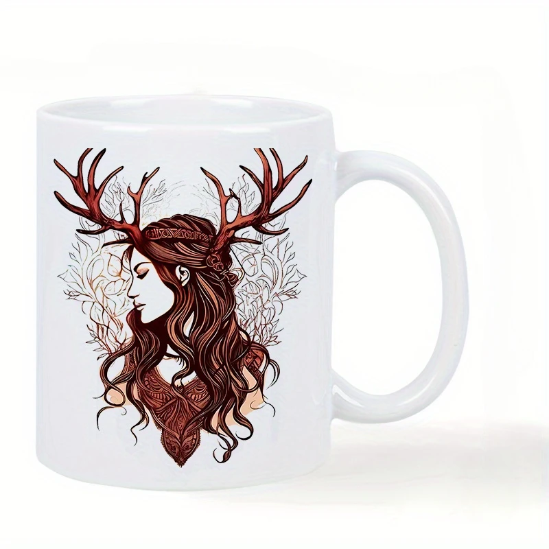 Forest Spirit Ceramic Mug - Elegant Woman with Antlers Design, Perfect Gift for Coffee and Tea Lovers, Unique Novelty Present