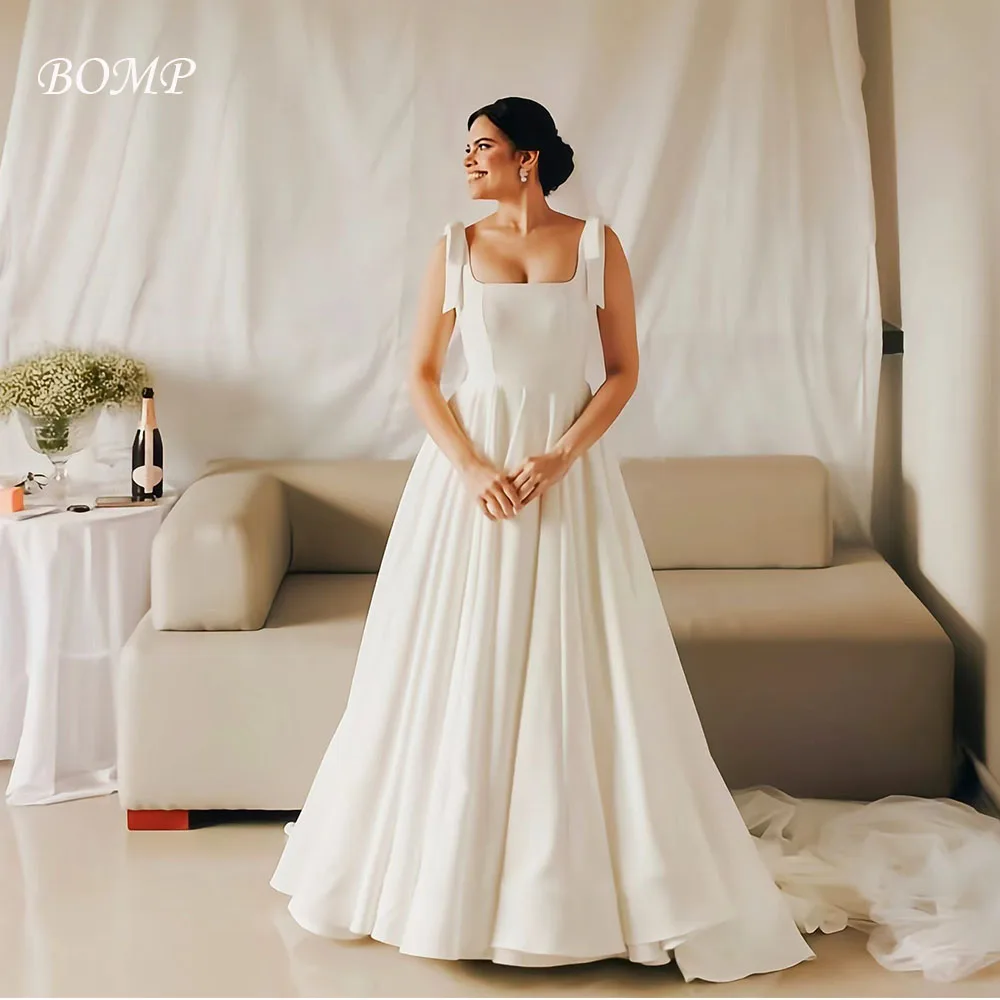 

BOMP Elegant Wedding Dress Bow Spaghetti Strap A-Line Draped Floor Length Ivory Satin Bridal Gown Customized Robe de mariée