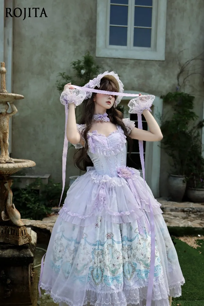 Vintage Floral Print Long Lolita JSK Dress Multi Layer Tulle Lace Ruffle Bow Corset Back Princess Ball Gown for Women