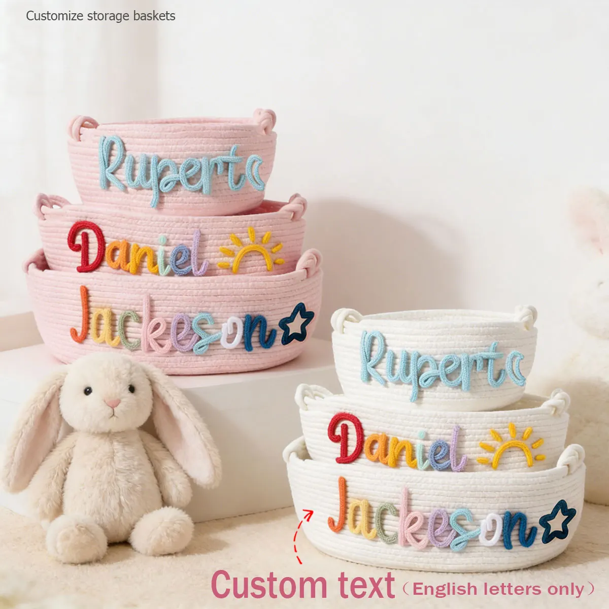 

1-piece personalized custom letter hand-woven basket, featuring star sun moon designs gift basket, storage basket easter dates