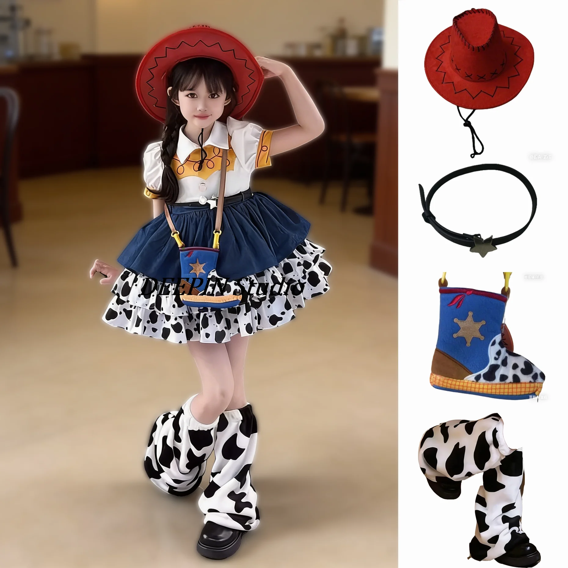 

Комплект детской одежды в стиле вестерн с принтом коровьей шкуры для девочек 2026 года: платье, шляпка, сумка, гетры, костюм принцессы с рюшами для вечеринок и повседневной носки, 3-10 лет