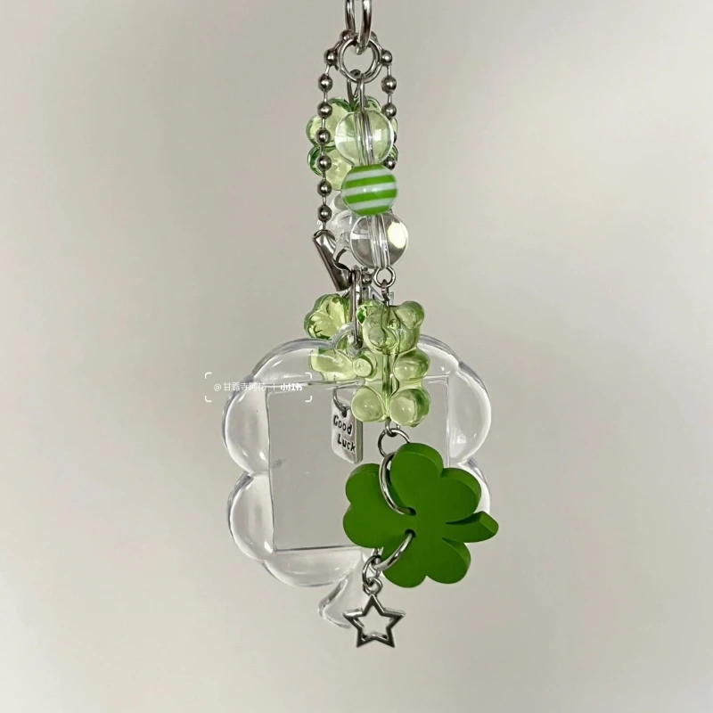 1 Piece Casual Retro Clover Key Ring Holder Green Clear Mini Photocard Holder Kawaii Japanese Cartoon Schoolbag Pendant for Kids